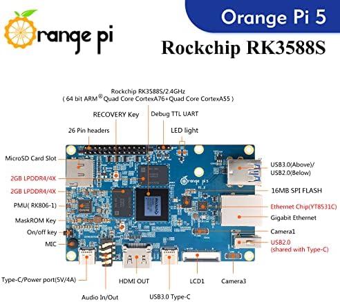 Laranja pi 5 4gb rockchip rk3588s 8 núcleo de 64 bits computadores de placa única, 2,4GHz Frequency Open Source Development