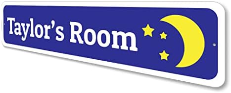 Sinal de quarto de crianças, lunas e estrelas sinal, decoração do quarto das crianças, sinal de nome da criança, sinal de criança personalizado, decoração de alumínio personalizada - 3 x 13
