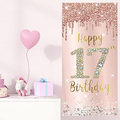 Feliz 17º aniversário da porta de aniversário decorações para meninas, ouro rosa rosa 17 anos capa de capa de capa de festas de festas, grande anos de idade de dezessete anos de idade