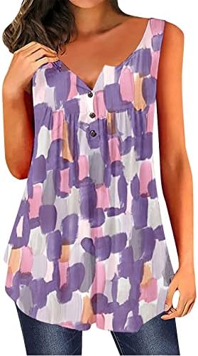 GDJGTA Camisetas de verão para mulheres de borda solta 3D de botão impresso com tanques sem mangas Teas básicas Blusa