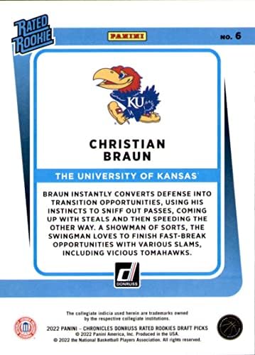 2022-23 Panini Chronicles Draft Picks Donruss classificou os novatos #6 Christian Braun Kansas Jayhawks RC Cartão de negociação de basquete novato