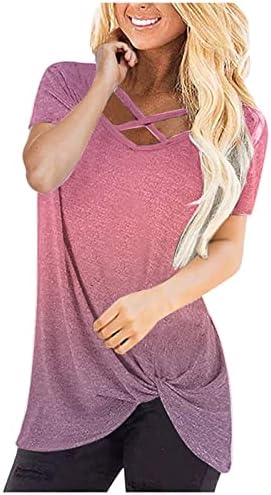 As mulheres envolvem bandagem criss Cross Cross Tees Gradiente Color Block Imprimir camisetas de blusa de ajuste solto de manga curta V Tees de pescoço 2023