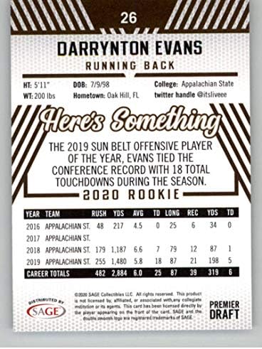 2020 Sage Hit Premier Draft Gold 26 Darrynton Evans RC Rookie Appalachian State Mountaineers Futebol Trading Card