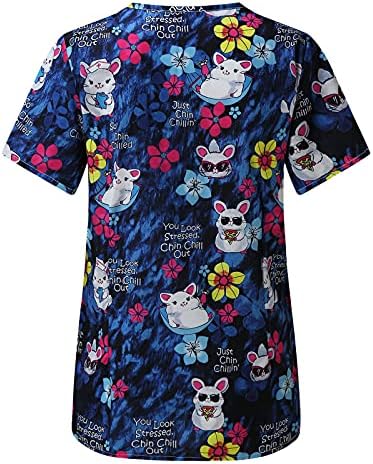 Scrubs Tops for Women V Pesh Floral Print Nurse Working Uniform Uniform Casual Blusa de túnica de manga curta com bolso