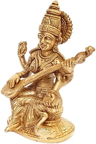Estátua de Brass Saraswati de Purpledip: deusa hindu do conhecimento, Saraswati Idol Music & Art; Presente de decoração
