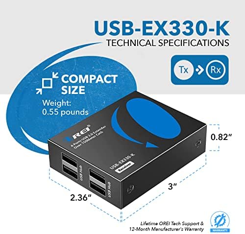 Orei USB sobre Cat5E/6 Extender até 330 pés - estende o sinal USB 2.0 sobre a LAN Ethernet com 2 portas - energia sobre o cabo para extensão de longa distância suporta todo o sistema operacional