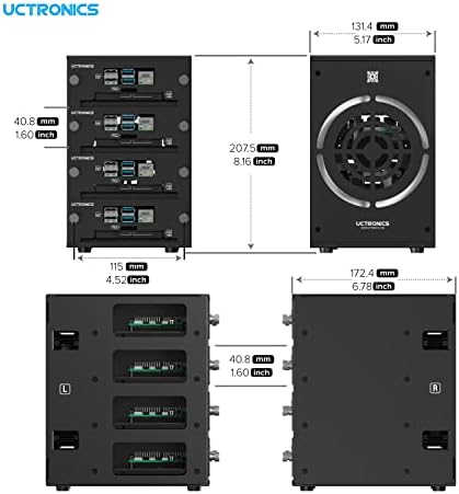 Gabinete de cluster de desktop uctronics para Raspberry Pi, até 4 pis de framboesa e 2,5 SSD, bandejas removíveis dianteiras, ventilador