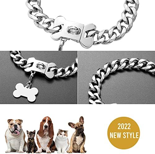 Colar de cachorro de cadeia de prata 15mm de aço inoxidável colar de cachorro de link cubano com fivela segura fivela