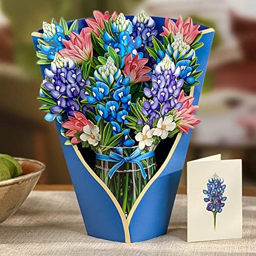 Cartões pop -up de papel fresco, capuzes azuis + rosas vermelhas, conjunto de dois bouquetes de flor de flores para