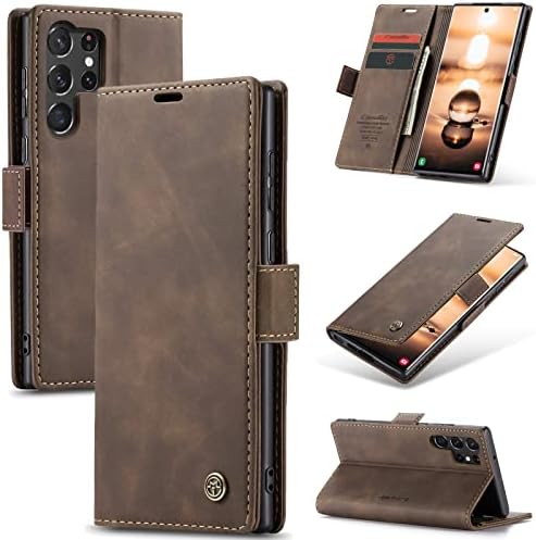 Caixa da carteira de Uebai para o Samsung Galaxy S22 Ultra 5G, capa de couro PU premium vintage Matte Cartlet Flip Tampa [slots de cartão] [fechamento magnético] Função Proteção completa à prova de choque - Cafe