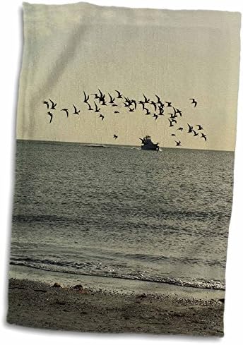 3drose florene pássaros - pássaros voadores e barco na praia em cinza e amarelo - toalhas