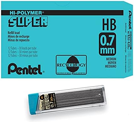 Reabastecimento de chumbo Pentel Super Hi-Polymer, meio de 0,7 mm, HB, 360 pedaços de chumbo, cinza