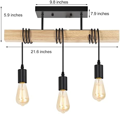 Luz de teto de madeira vintage rústica, luminária de teto de teto de montagem semi-semi de 3 luzes, lâmpada de teto da fazenda industrial