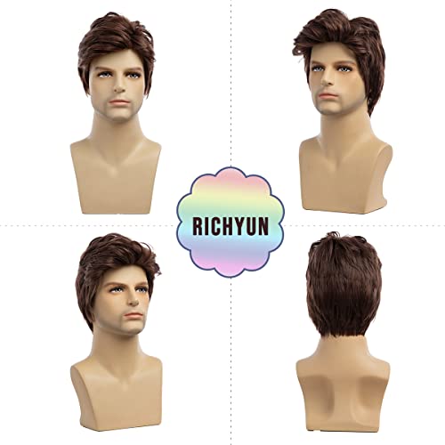 Richyun mass curtas peruca marrom marrom de aparência natural peruca de cabelo resistente ao calor sintético para homens