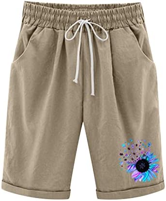 Shorts longos femininos linho de algodão shorts casuais calças de verão andando calças casuais com bolsos