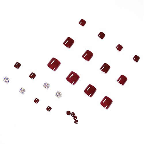 Falso unhas falsas pregos curtos capa de vinho francês Red Glitter Diamond Pressione unhas 24 peças dicas de arte para salões