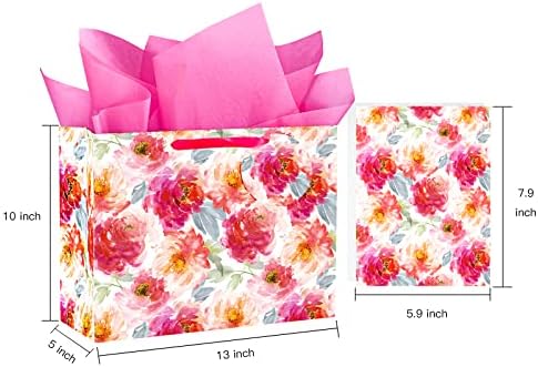 Bolsa de presente grande de 13 com cartão e papel de seda - elegante floral para aniversários, dia das mães, chuveiros de noiva,