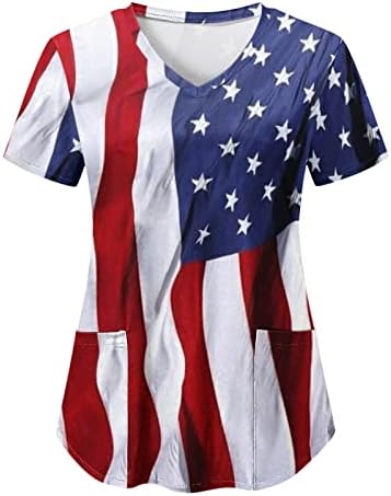 4 de julho Camisas para mulheres bandeira dos EUA T-shirt de manga curta V pescoço com 2 bolsos Bloups Holiday Casual Workwear