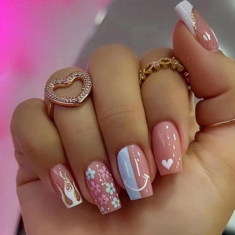 Diduikalor Pressione as unhas da ponta francesa média unhas falsas, rosa francês e azul colorido e caixa floral caixão falso unhas com cola acrílico unhas de tampa completa no unhas para mulheres