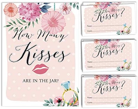 InkDotpot Quantos beijos no Jar White Floral Bridal Shower Game 1 Sign + 30 Cards