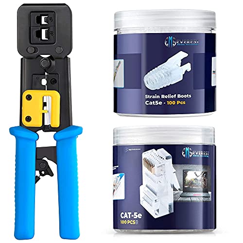 Pacote de soluções de mídia Everest - 2 itens: RJ45 Ferramenta de crimpagem + 100/100 pacote de cat5e passa através de conectores e