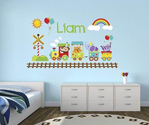 Nome personalizado tema de trem decalque - decalque de quarto de bebê - decalques de parede de berçário - adesivo mural de decoração de parede de trem