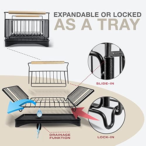 Rack de secagem de prato central astuto - prato de prato para balcão de cozinha - de aço inoxidável - rack de secagem de pia expansível com drenagem - cesta de talheres removíveis extra e alças de madeira