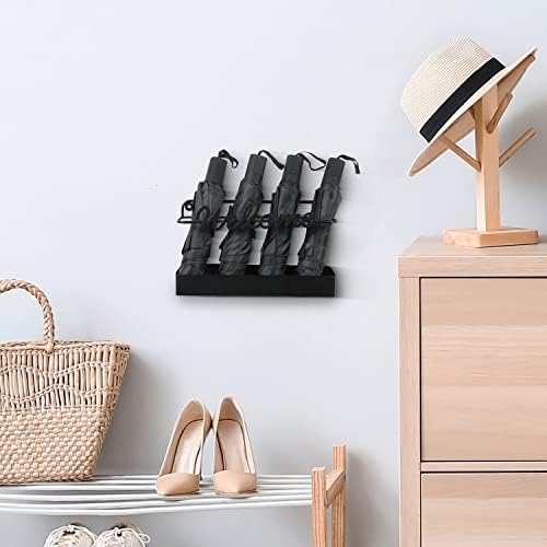 Modern Modern Black Metal Umbrella de parede MyGift rack com design de boas -vindas e 4 compartimentos para guarda -chuvas altos e curtos, conjunto de 2 peças