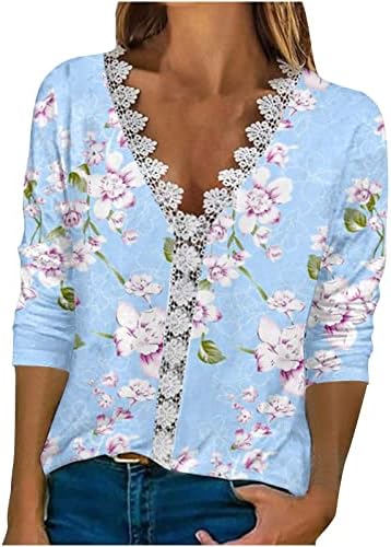 Summer Summer Summer elegante camiseta V Camisas de renda de crochê de pescoço estampas florais 3/4 Mangas Tee Tops 2023 Bloups