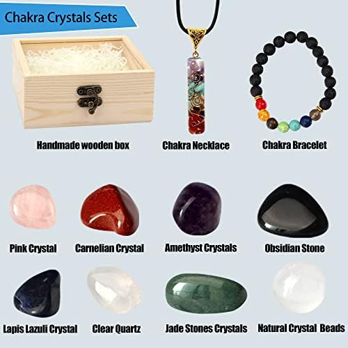 Cristais Dnenellr 10pcs e pedras de cura em caixa de madeira, 7 pedras de chakra reais, 1 colares de chakra, 1 pulseira de cristal,