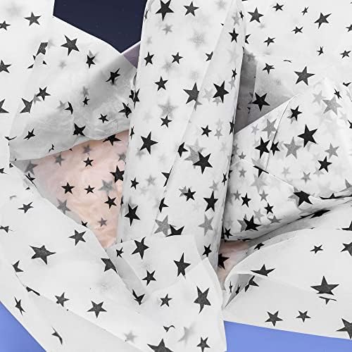 60 lençóis brancos com papel de seda estrela preta, papel branco e preto para sacolas de presente, lenço de papel de presente para estrelas