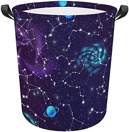 Space Zodiac Constelations Galáxias Planetas Bolsa de Lavanderia com alças cesto de armazenamento à prova d'água redonda de 16,5 x 17,3 polegadas