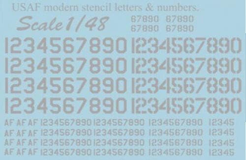 Escala de impressão 48-004 - 1/48 USAF Modern Stencil Letras e números cinza, decalque molhado