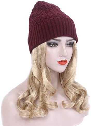 N/A Fashion European e American Ladies Hair Hat One Long Curly Gold Wig and Hat Hat One Black Knit Hat Wig