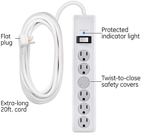 Protetor de pula de saída GE 6, UL listado, branco, 54649 e ge 6-outlet Surge Protector, UL listado, branco, 50770