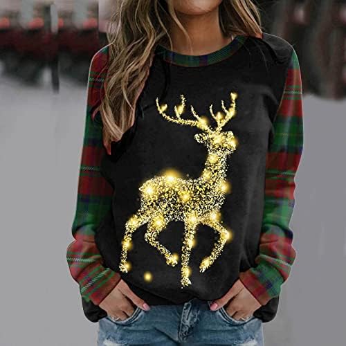 Natal de manga comprida moletom para mulheres Pullover de rena fofo Top Glitter Xmas Tree Elk Plaid Crewneck Tunic Shirt