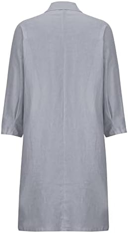 Vestidos de camisa de linho de algodão feminino Moda de verão Botão de cor sólida lapela bolso solto mangas compridas Vestido de cardigã