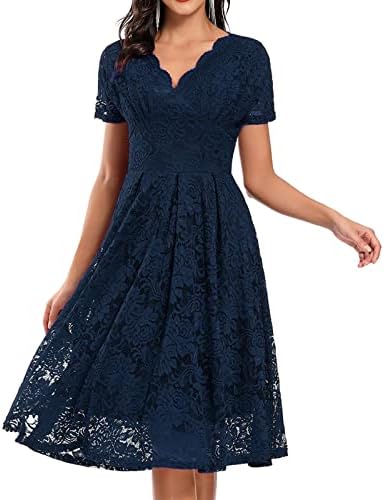 Mulheres Floral Lace Midi Dress v Decoço de manga curta Vestido formal Swing A-Line Wedding Wedding Bridesmaid Cocktail