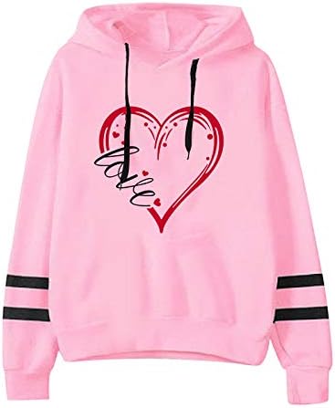 Sorto casual feminino Coração Impressão de manga longa Pullover de manga comprida Tops de pullover de cordão longa com bolso