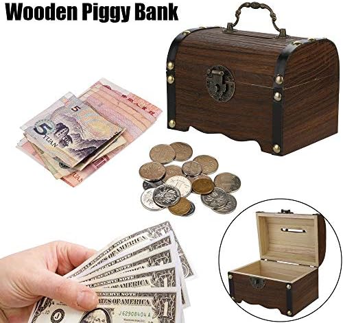 Smljlq vintage Piggy Bank de madeira de madeira Bloqueável Caixa de moedas infantil de grande capacidade Moedas de dinheiro
