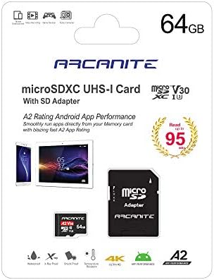 Arcanite 64GB MicrosDXC Memory Card com adaptador - A2, UHS -I U3, V30, 4K, C10, Micro SD, velocidades de leitura ideais