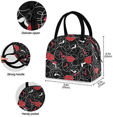 Yyzzh Modern Black Floral Print Folhas de lábios vermelhos Padrão de ornamento Isolado Zipper bolsa de lancho