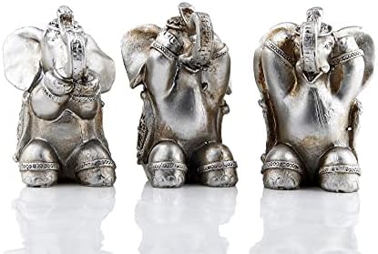 Abeesea Hear-não, ver-não, Speak--Elefantes malignos Fatuadores colecionáveis ​​Estátuas Sabedoria Boa sorte elefantes com tronco para decoração, prata