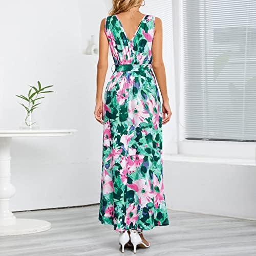 Vestido de verão para mulheres tiras largas e sem mangas Wrap V pescoço, vestido casual vestido de bainha bainha boho floral