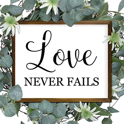 Signo de madeira emoldurada Love Never Fails Sinais de madeira emoldurada Citações motivacionais de madeira de madeira Citação de