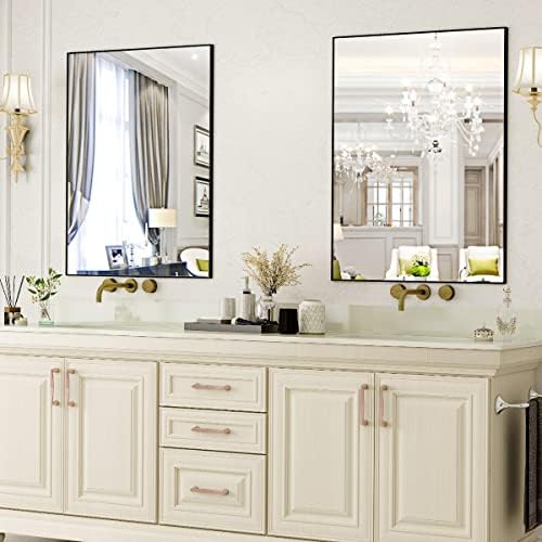 Espelho de parede xramfy 26 x 28 espelho de banheiro retangular com armação de liga de alumínio Espelho de vaidade do banheiro para a entrada do quarto da sala do quarto, pendura horizontal ou vertical, preto