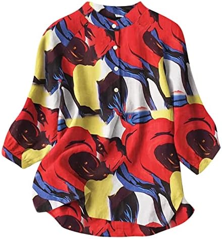 Camisas de grandes dimensões para mulheres tampos de linho de algodão impressos 3/4 lanternas Blush Summer Summer Trendy Tees