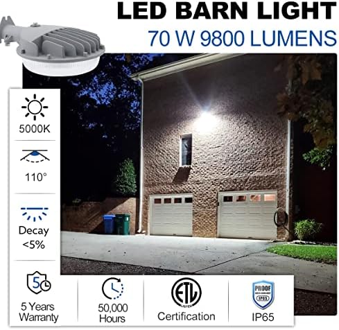 Elecall ETL listado 70W LED LENT LIGHT 9800LM DUSK para Dawn Yard Light com fotocélula, Área de segurança ao ar livre Luz de 5000k Daylight, Substituição de 700 W MH/HPS, IP65 à prova d'água, garantia de 5 anos