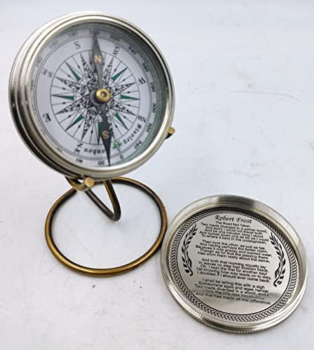 Qarzun Brass Poema Compass náutico acabamento de prata com exibição de tabela colecionável presente de mesa colecionável