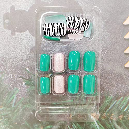 24pcs Square Press On Piles Green Short Fake Nails acrílico cola de tampa completa nas unhas Zebra-Stripe Stick On Nails Flash